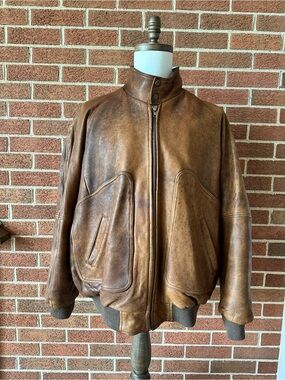 Vintage Context Brown Leather Bomber Jacket Mens Red Lining Southwestern, XL